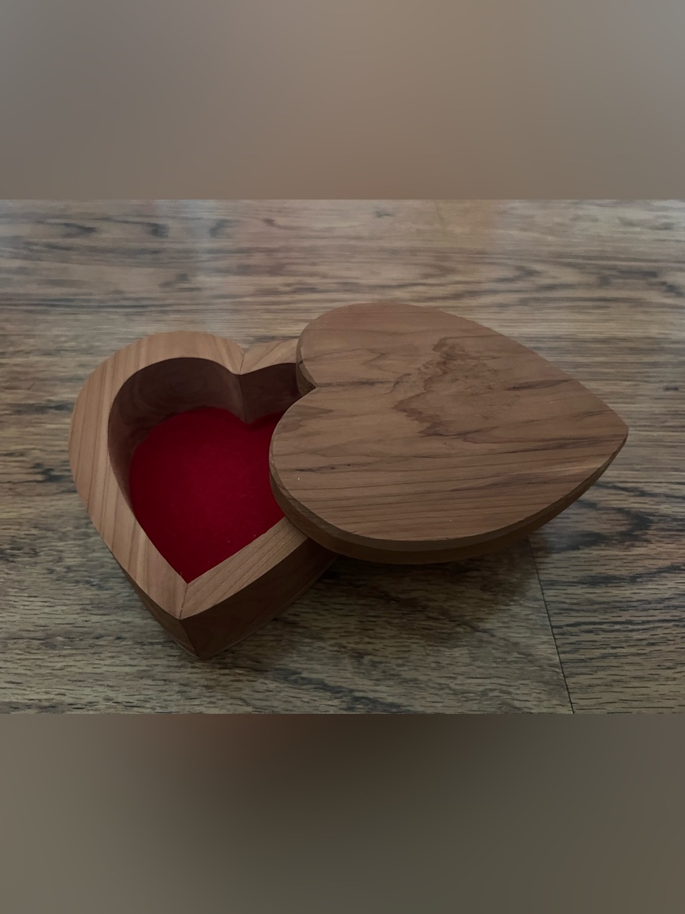 Heart-Shaped Wooden Jewelry Box Red Lining sliding lid mid century boho dainty